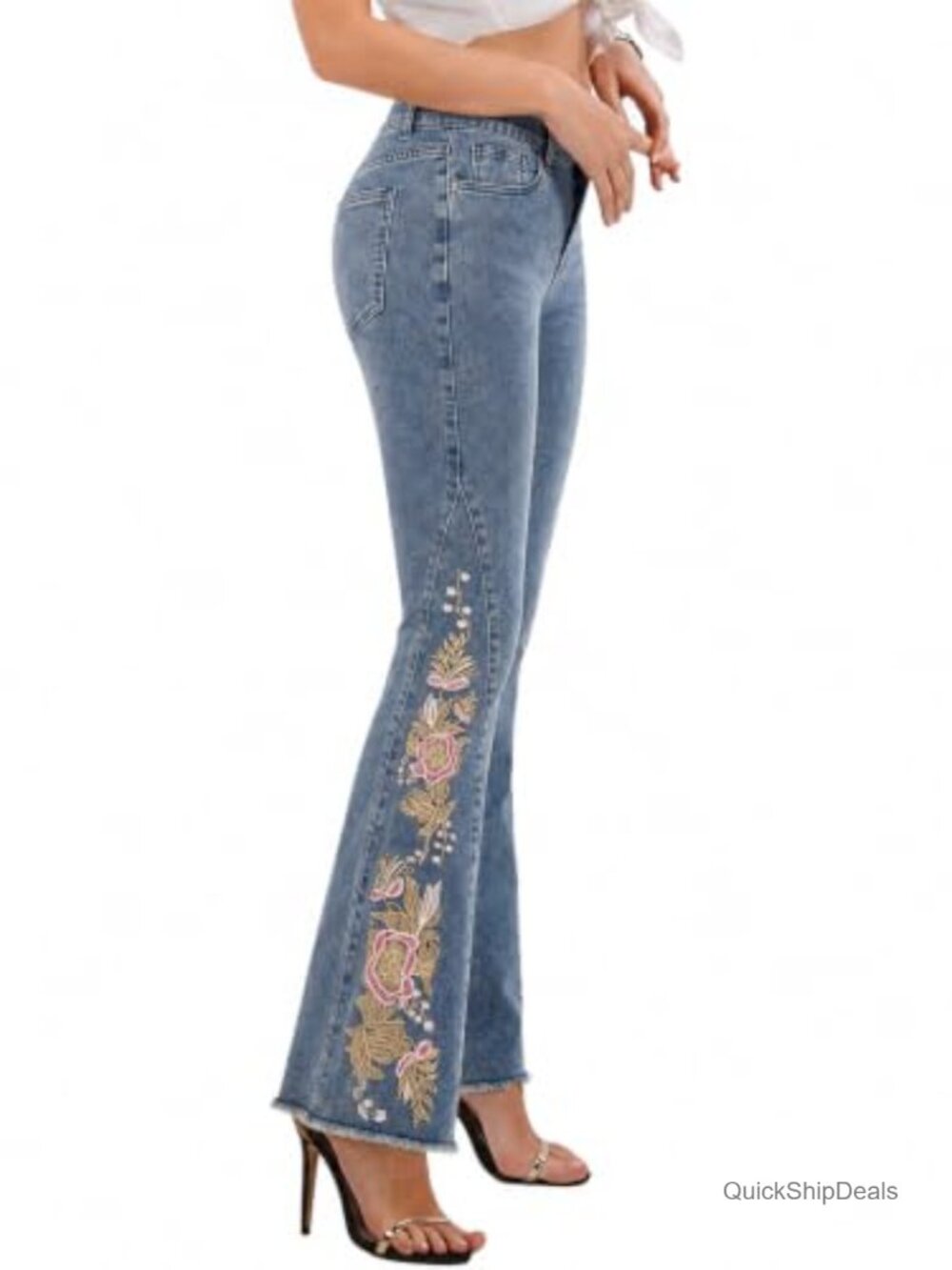 Women's Flare Jeans High Rise Stretch Denim Floral Embroidered Raw Hem